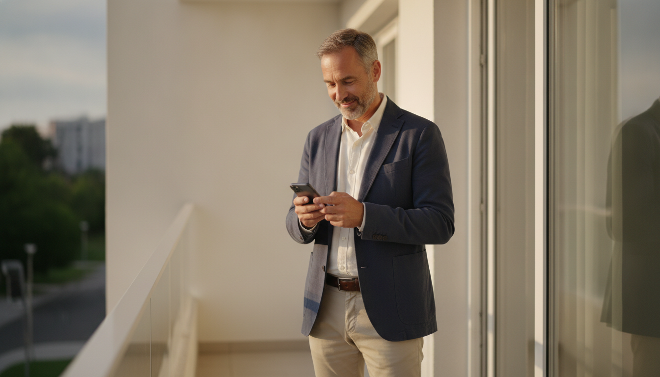 Mann Anfang 50 erstellt lächelnd sein Dating-Profil auf dem Smartphone