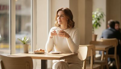 Nachdenkliche Frau sitzt allein am Fenstertisch eines Cafés nach einem Date
