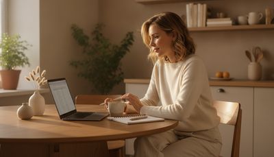 Frau plant entspannt am Laptop ihr Budget für Online Dating ab 50